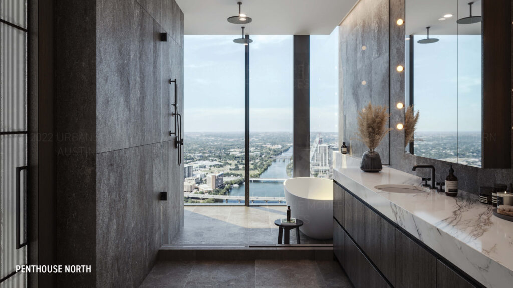 The Modern Austin Residences - Penthouse North bathroom view rendering