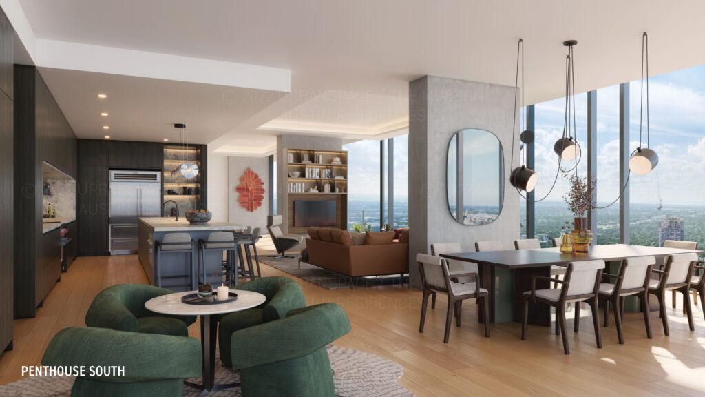 The Modern Austin Residences - Penthouse South kitchen living dining rendering