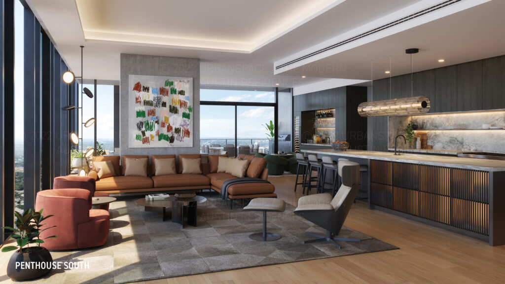 The Modern Austin Residences - Penthouse South Living rendering