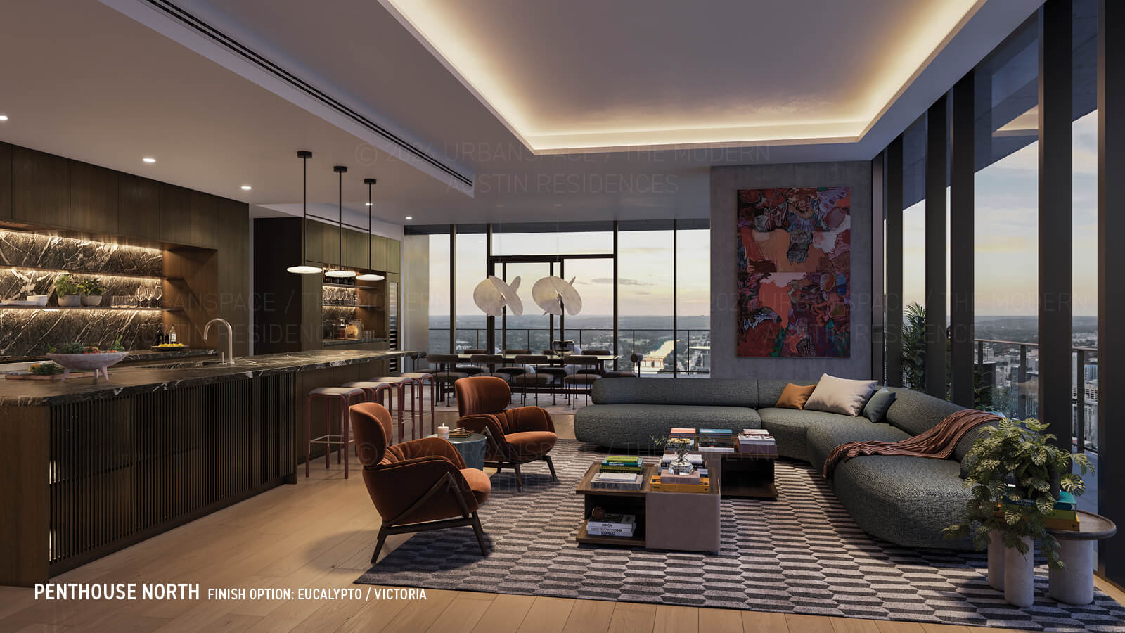 Modern Austin Residences Penthouse North floor plan - living room in Victoria finish