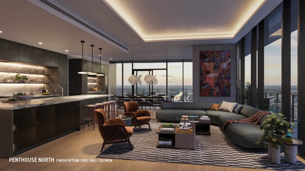 Modern Austin Residences Penthouse North floor plan - living room in Olympia finish