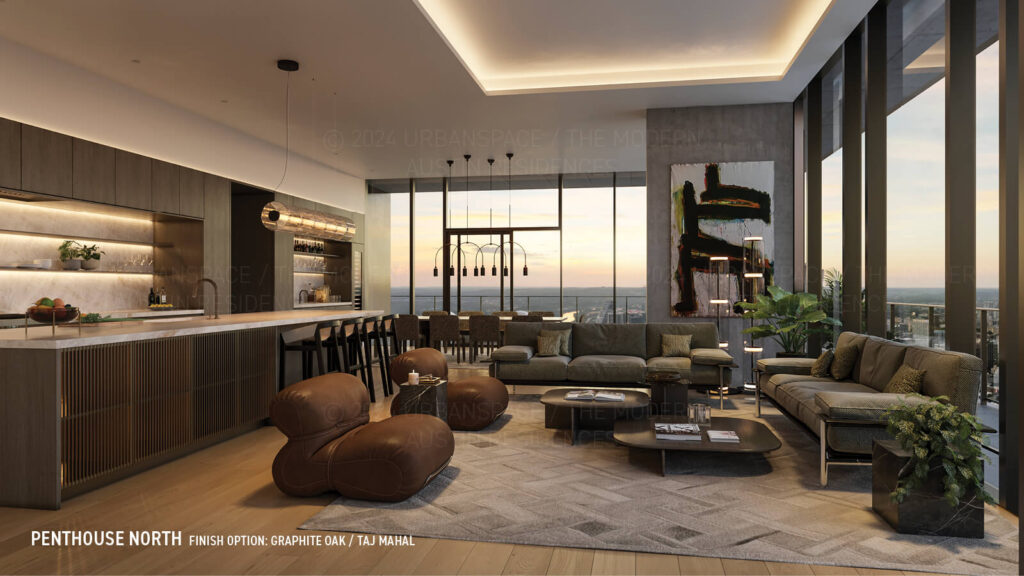 Modern Austin Residences Penthouse North floor plan - living room in Taj Mahal finish