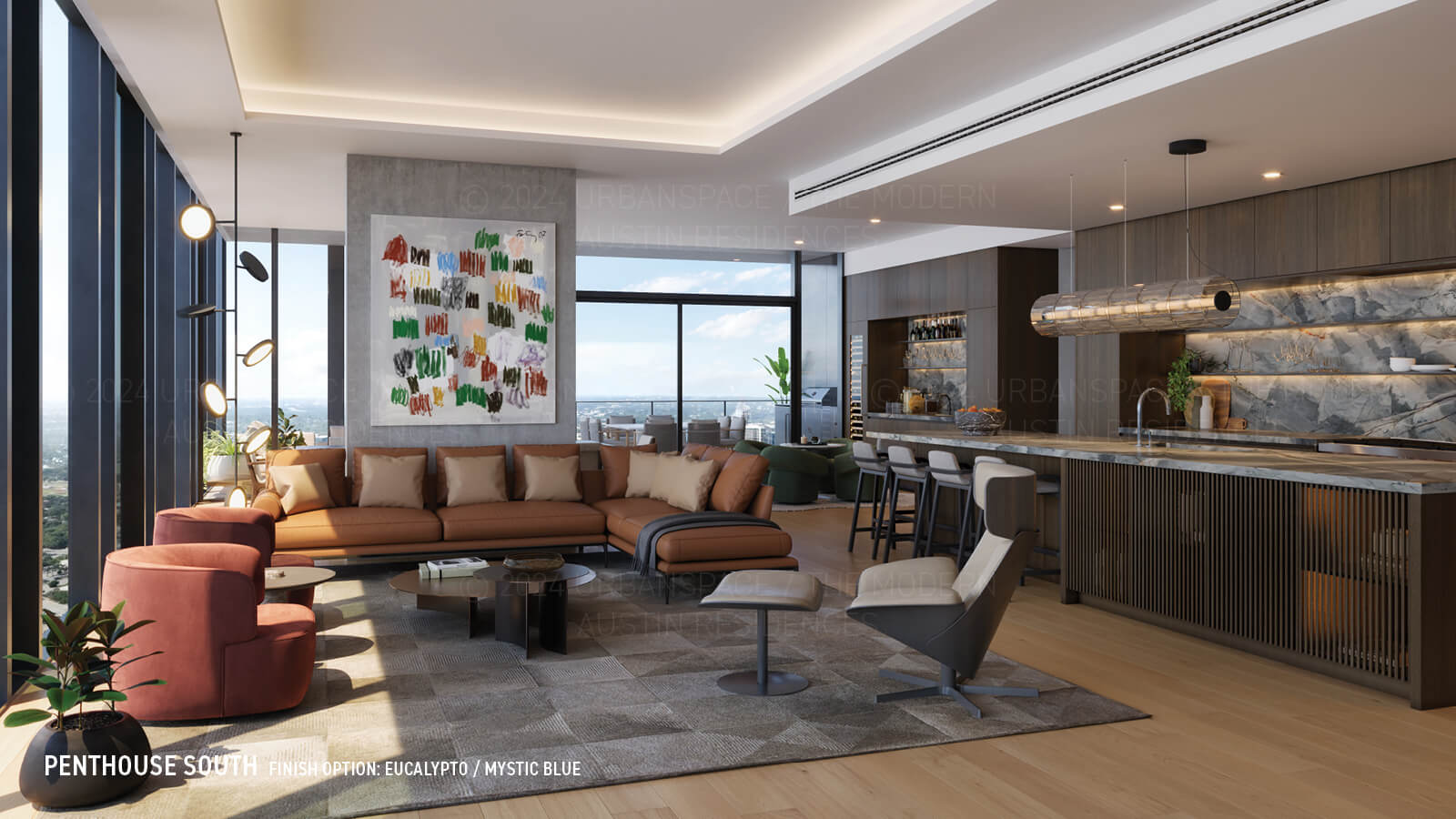 Modern Austin Residences Penthouse South floor plan - living room in Mystic Blue finish