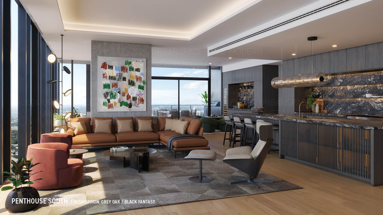 Modern Austin Residences Penthouse South floor plan - living room in Black Fantasy finish