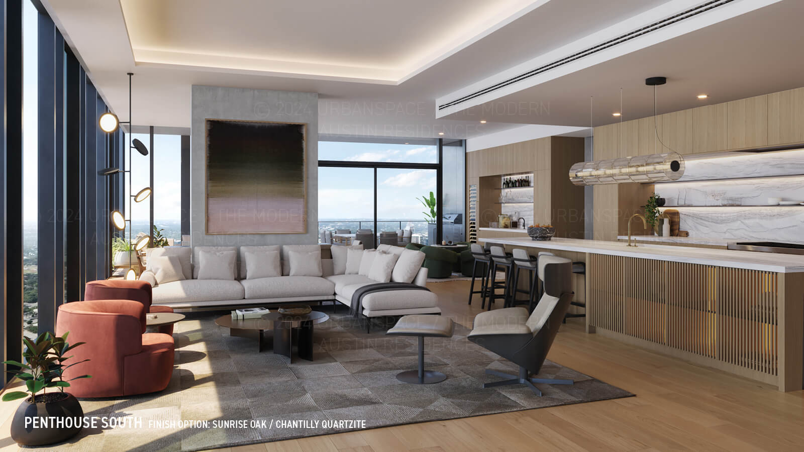 Modern Austin Residences Penthouse South floor plan - living room in Chantilly Quartzite finish