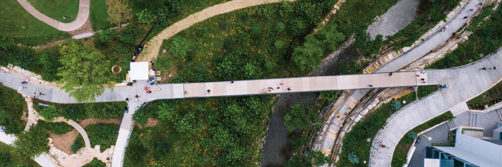 aerial view of The Confluence at Waterloo Greenway in downtown Austin TX near The Modern