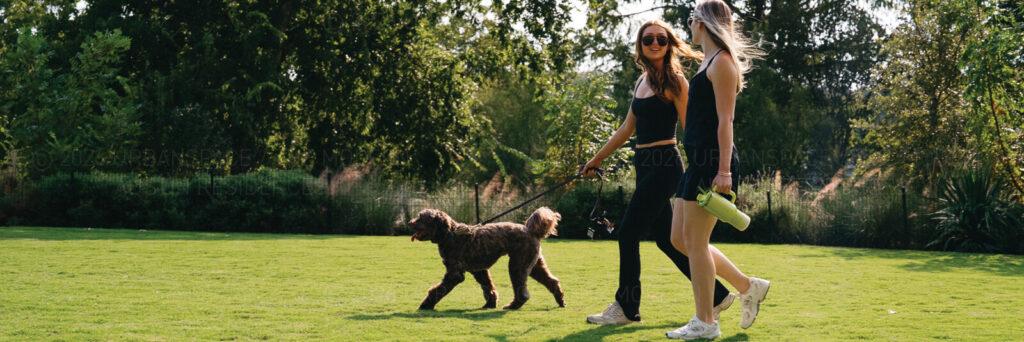 Two women walking a dog in the Rainey Street Trailhead Park near The Modern