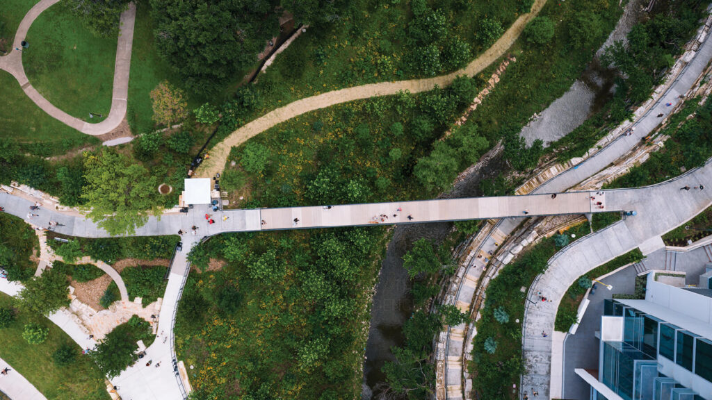 aerial view of The Confluence at Waterloo Greenway in downtown Austin TX near The Modern