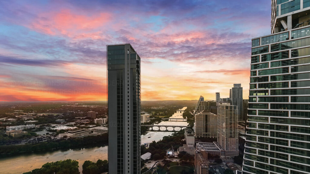 A west sunset view of Lady Bird Lake seen from The Modern Austin Residences