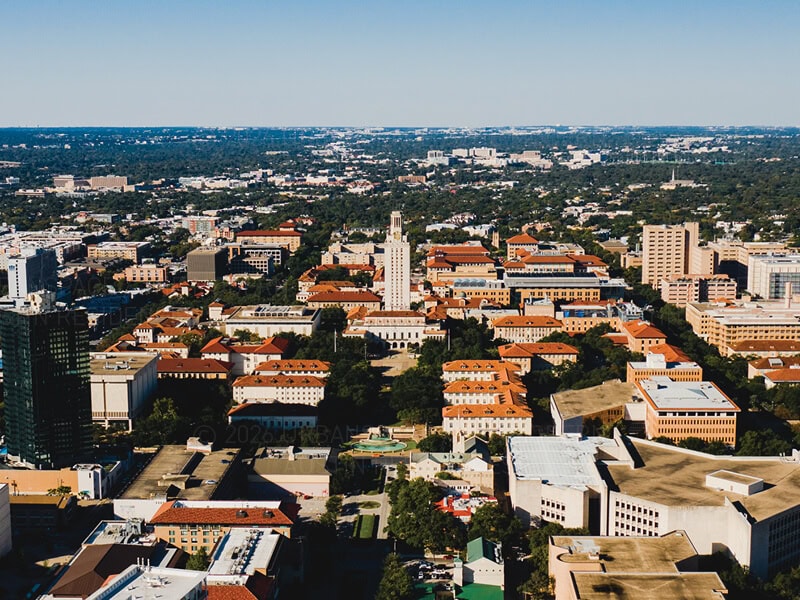 Aerial view of The University of Texas Campus with UT Tower in the center