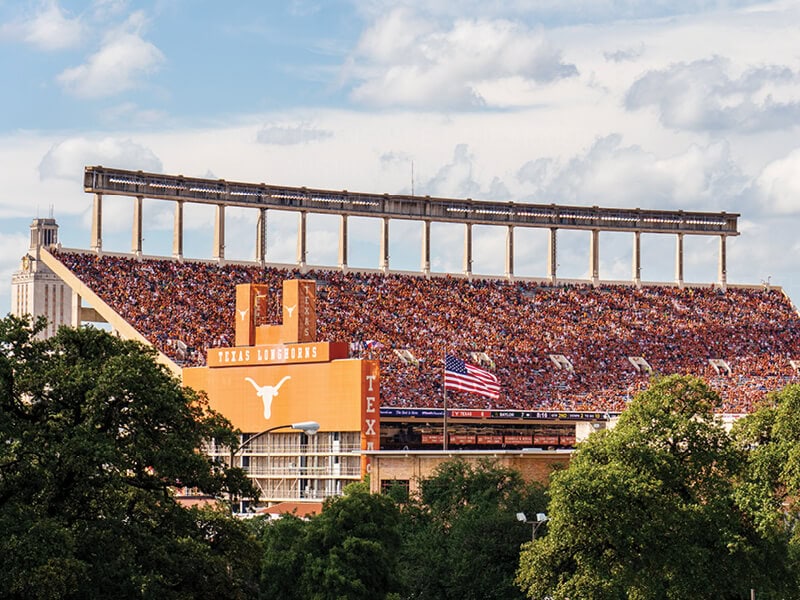 Crowded stands at a University of Texas football game at Darrell K. Royal Stadium