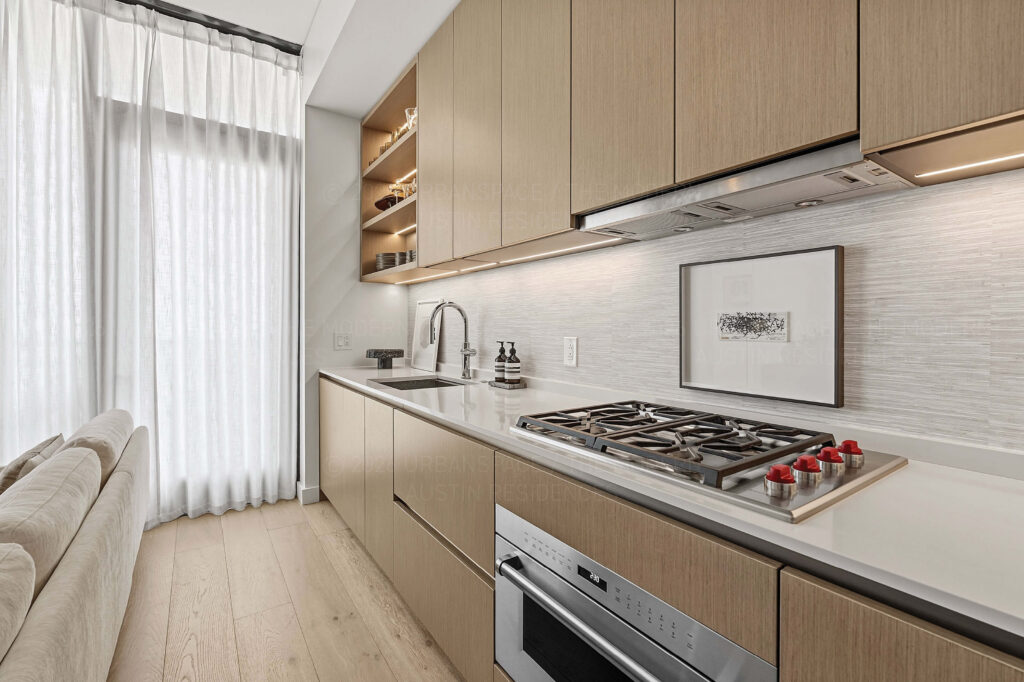 Modern condo living room kitchen cooktop