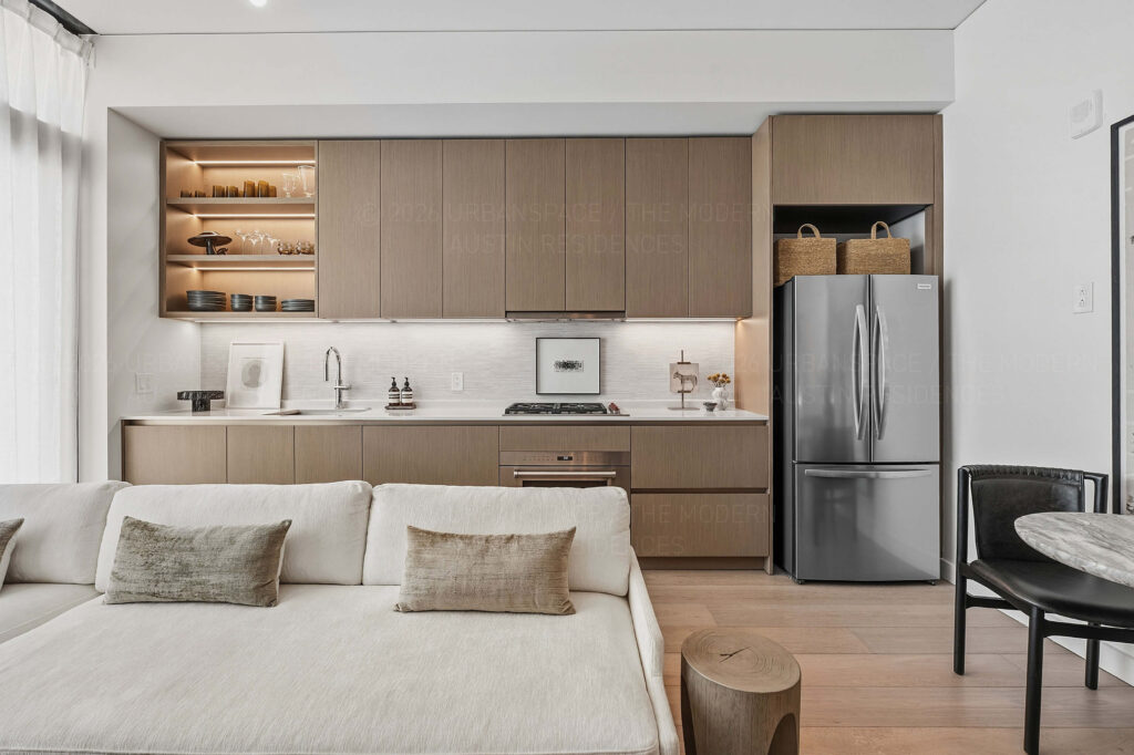 Modern condo efficient living room and kitchen