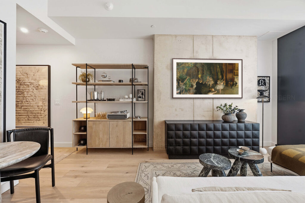 Modern condo living room with wall hung TV
