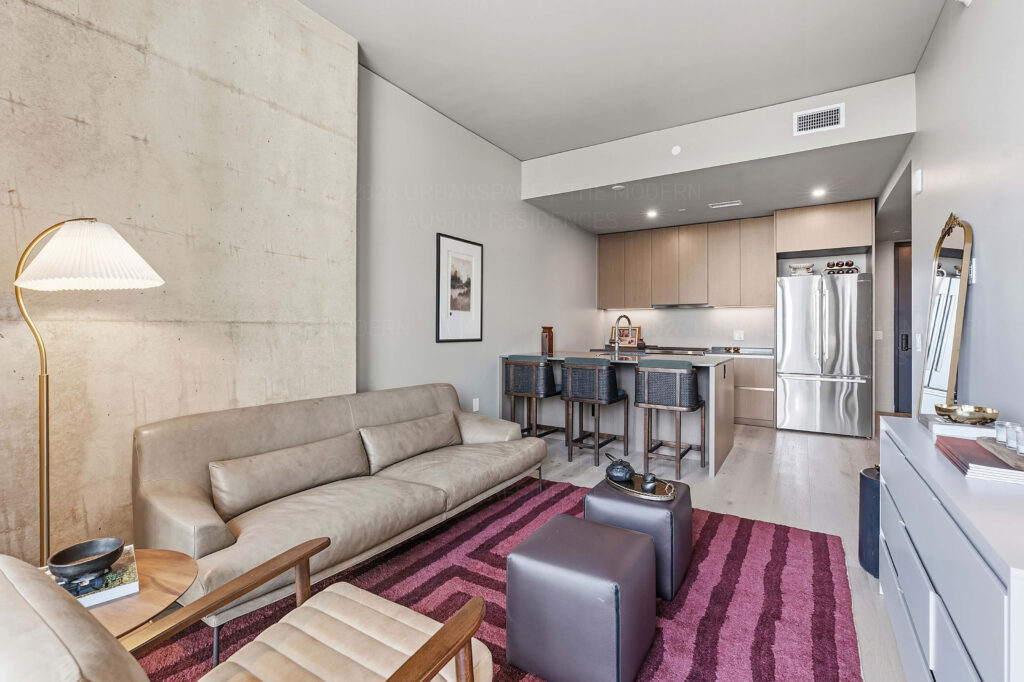 Modern condo living room furniture and kitchen