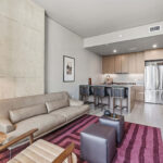 Modern condo living room furniture and kitchen