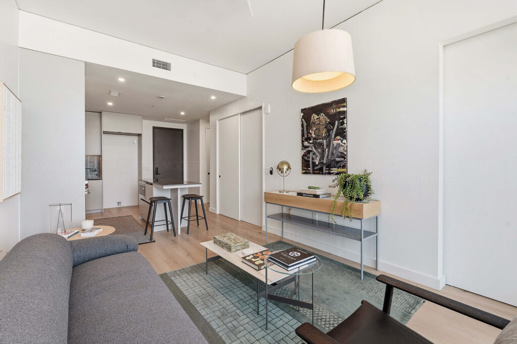 Modern condo living room and kitchen