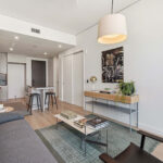 Modern condo living room and kitchen