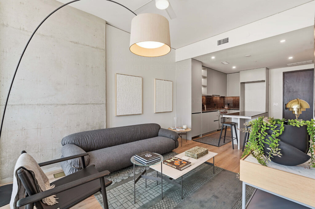 Modern condo living room and kitchen