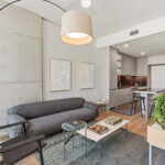 Modern condo living room and kitchen
