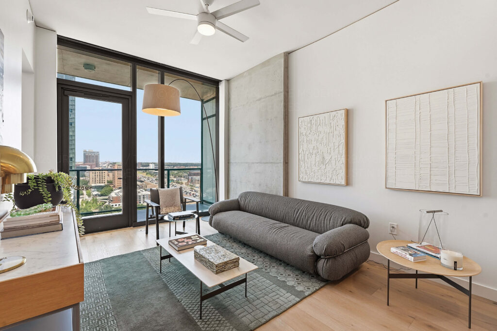 Modern condo living room with balcony