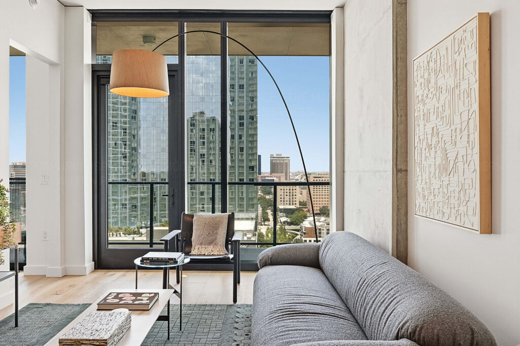 Modern condo living room with balcony