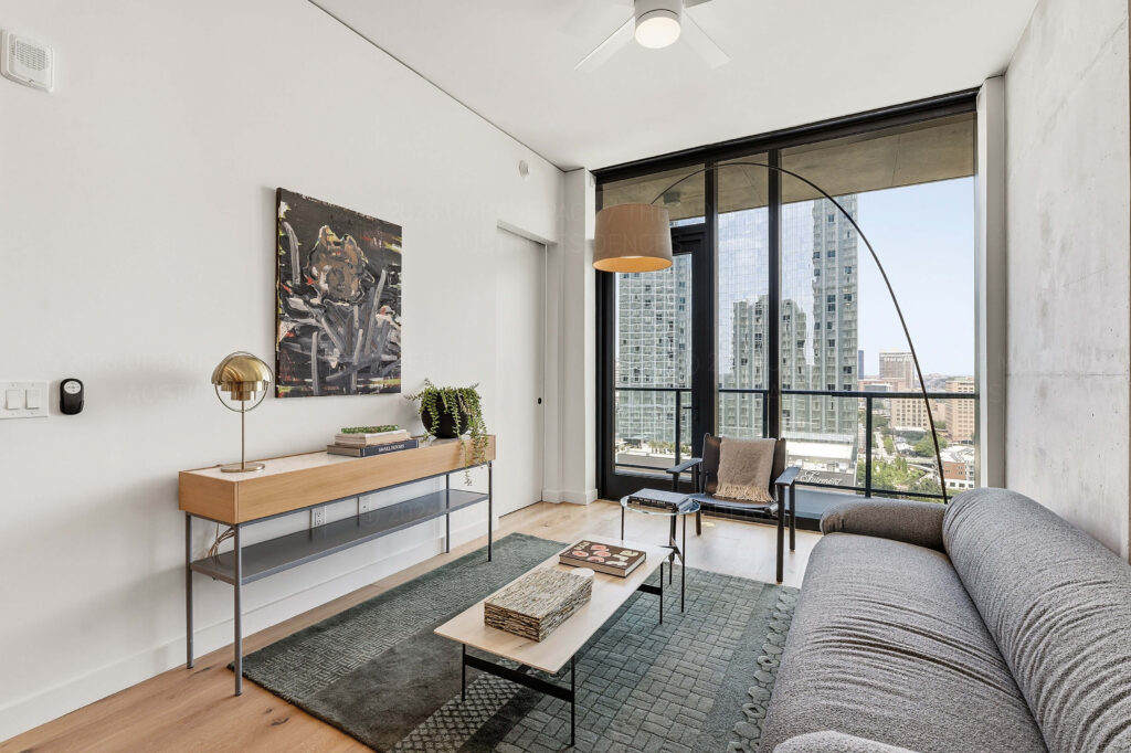 Modern condo living room with balcony