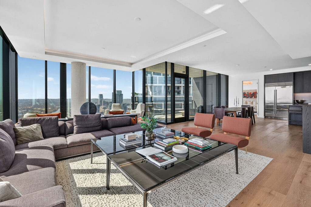 Living room in high rise modern condo at The Modern Austin Residences