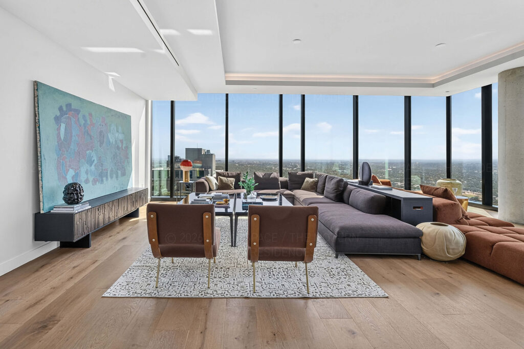 Living room in high rise modern condo at The Modern Austin Residences