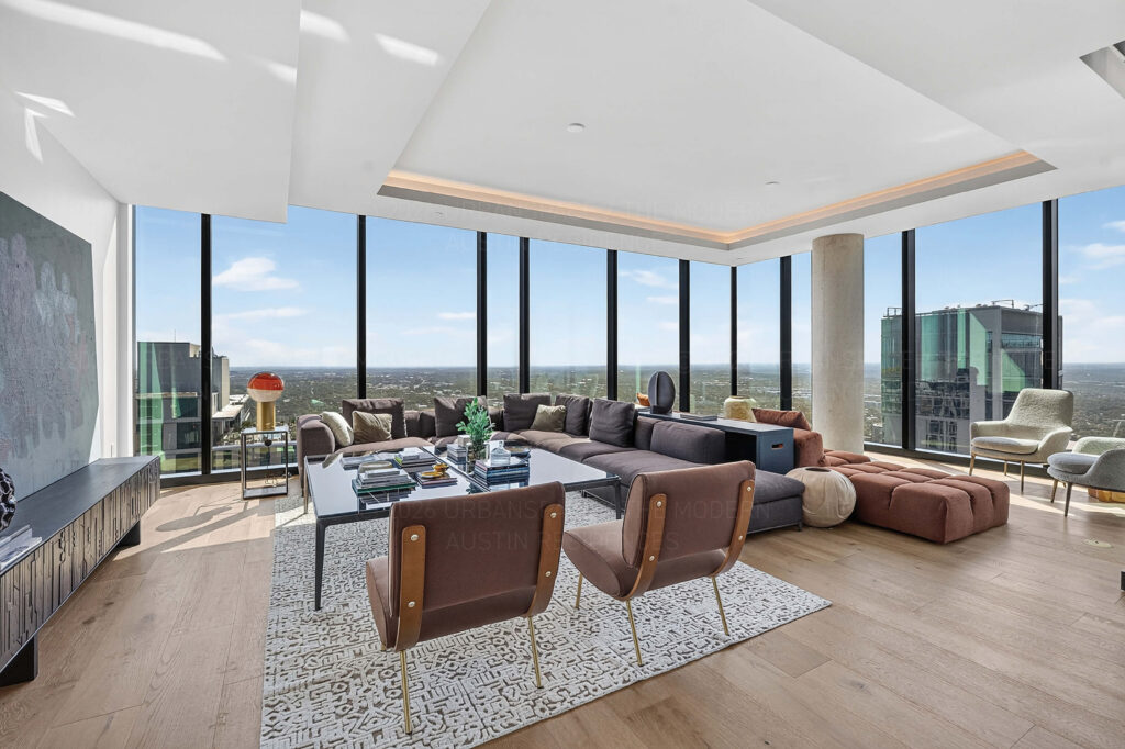 Living room in high rise modern condo at The Modern Austin Residences