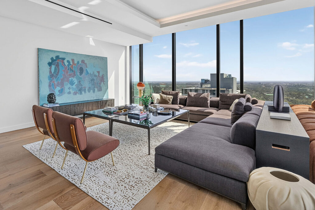 Living room in high rise modern condo at The Modern Austin Residences