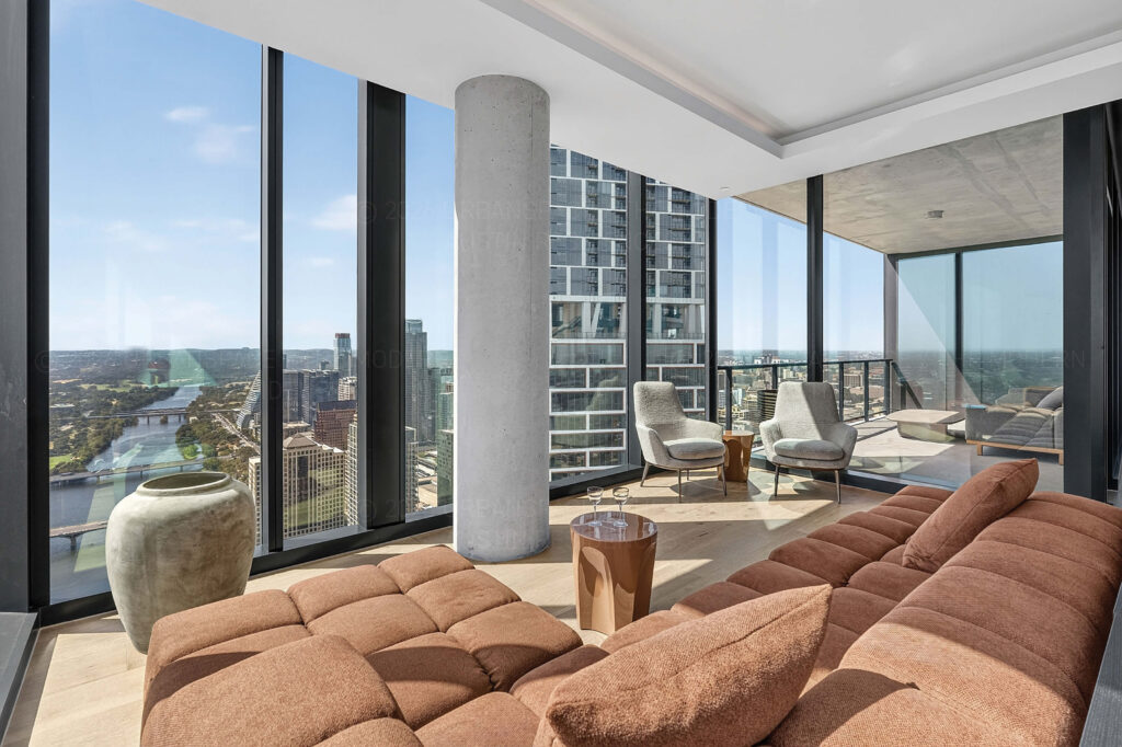 Living room in high rise modern condo at The Modern Austin Residences