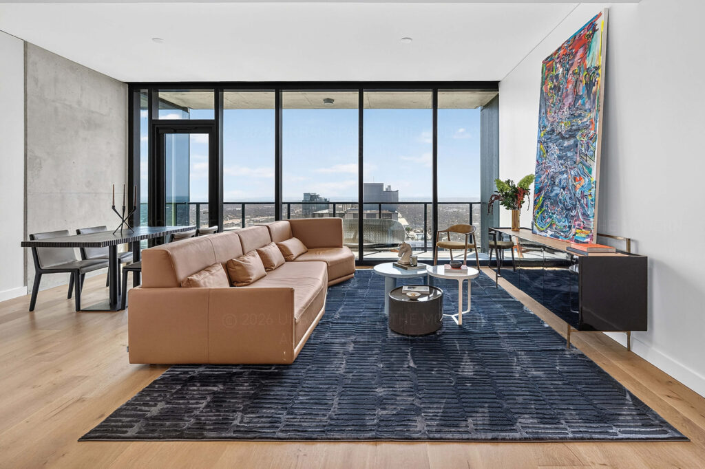 Living room in high rise modern condo at The Modern Austin Residences